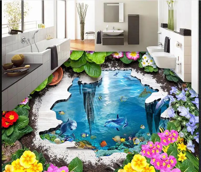 3D Floor Wallpaper Stereoscopic 3D Mural Garden Ocean Vinyl Flooring