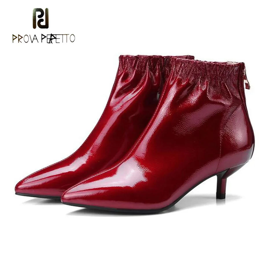 

Prova Perfetto new arrival wine red patent leather kitten heels women ankle boots sexy pointed toe zipper women black short boot