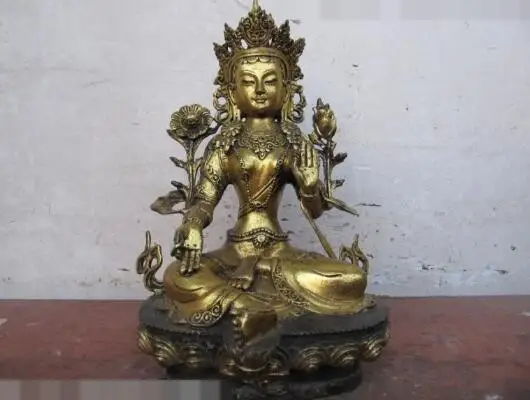 

S5475 11"Tibet Buddhist Fane bronze Seven Eye Green Tara padma Kwan-Yin Buddha Statue