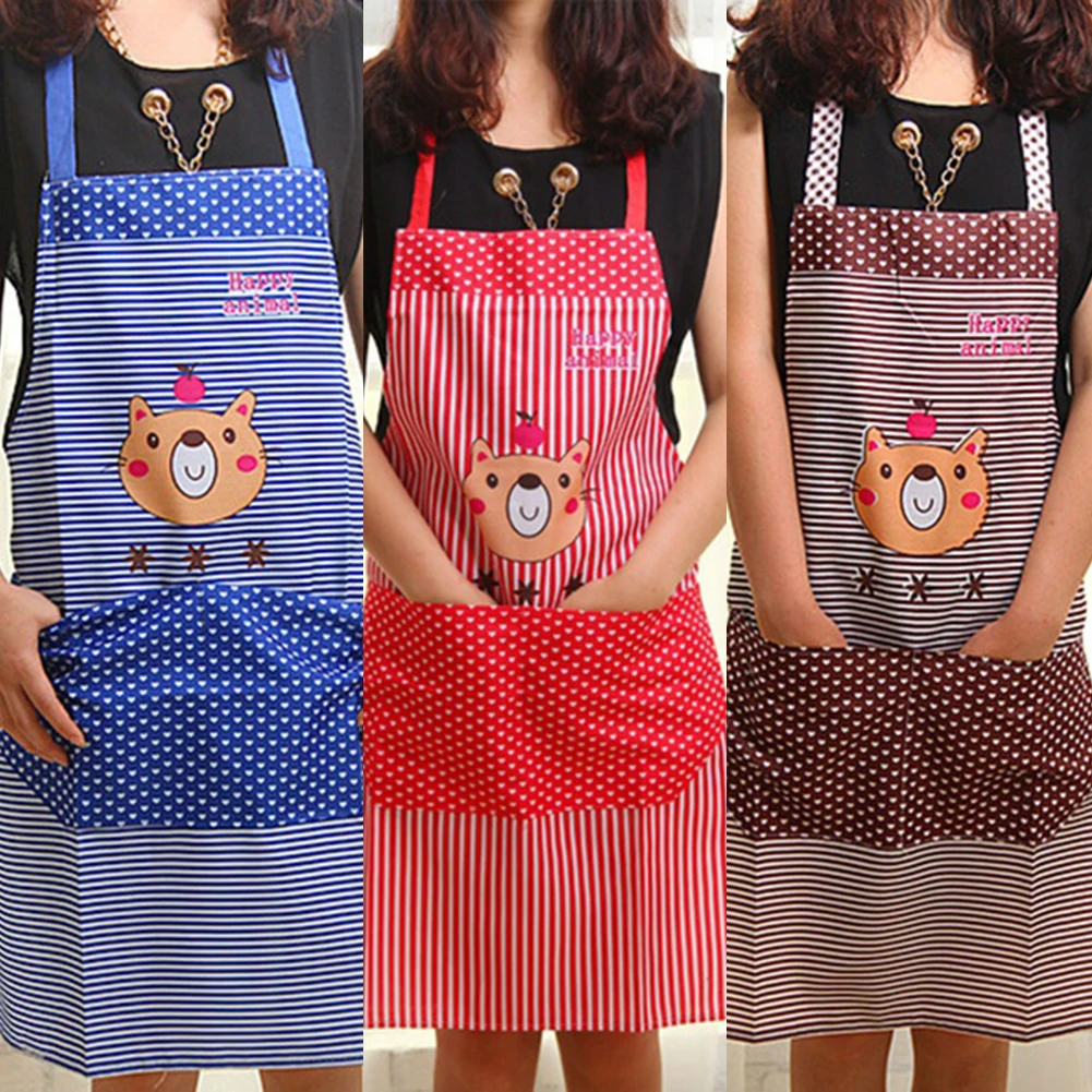 Hot with Pocket Waterproof Bib Kitchen Men Women Cartoon Bear Apron Dot Stripe