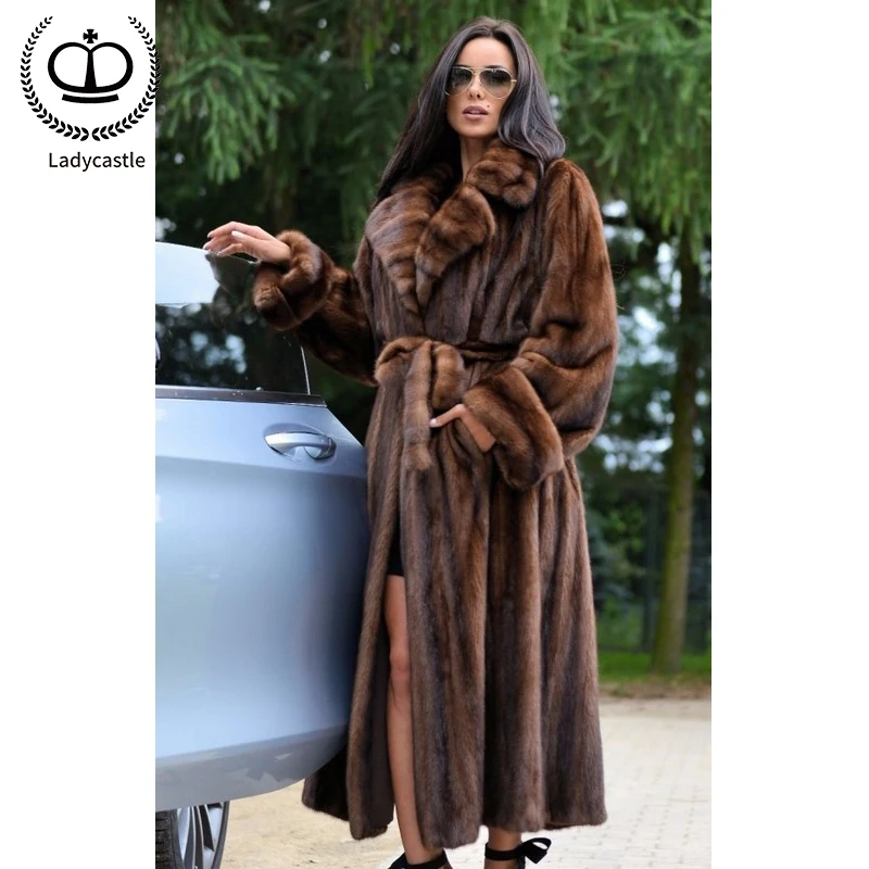 

2019 Fashion X-long Full Pelt Mink Fur Coats Plus Size Outer Garment With Nature Mink Fur Lapel Collar Female Jackets MKW-221