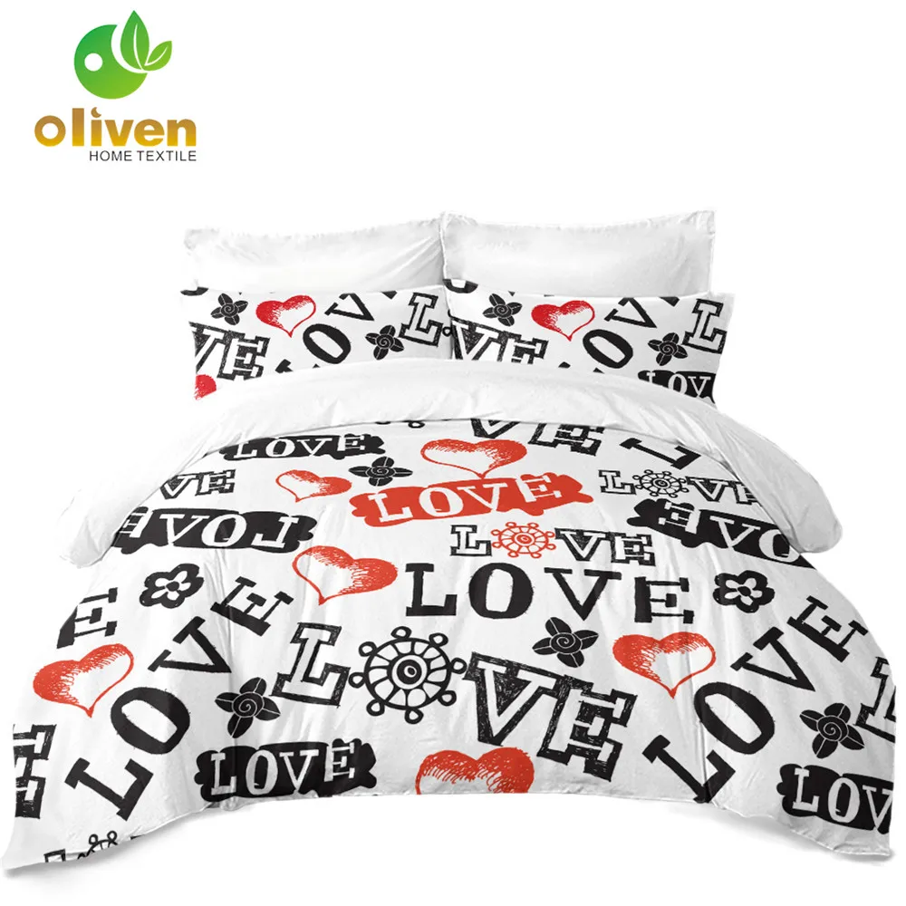 Couples Bedding Set Letter Love Heart Print Duvet Cover Set King