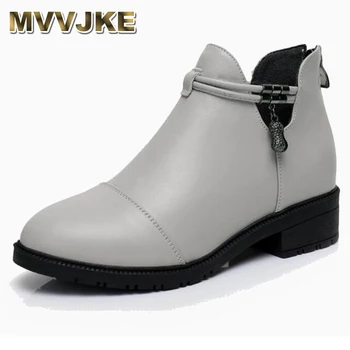 

MVVJKE Fashion Women Mar Boots Autumn Winter Boots Med Heel Ankle Boots Genuine Leather Thin Plush Women Shoes