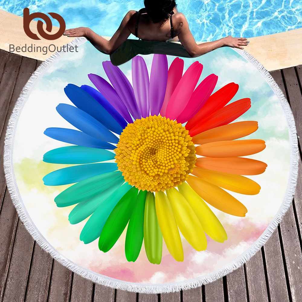 Kaufen BeddingOutlet 3D Blume Große Runde Strand Handtuch für Frau Regenbogen Farben Floral Decke Mikrofaser Yoga Matte 150 cm Quaste Toalla