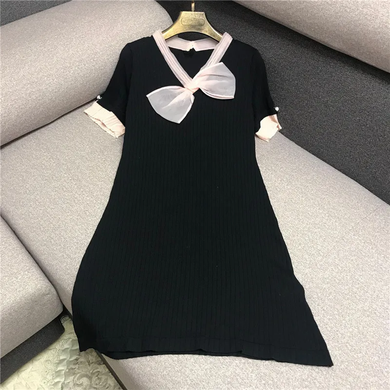 

Luxury Designer Brand Knitted Dress for Women Bow Mesh Patchwork Casual Knitted Dress
