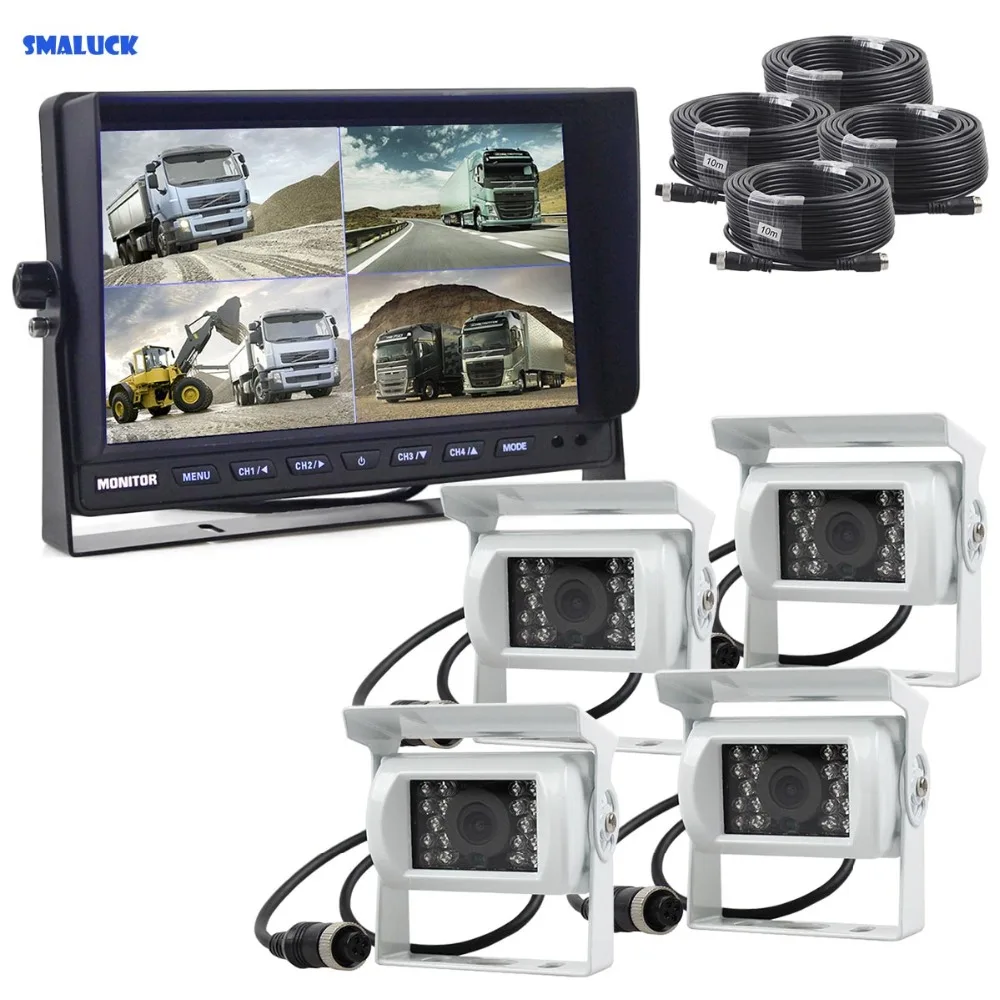 

SMALUCK 10Inch 4 Split QUAD Car Monitor + 4 x CCD IR Night Vision Rear View Car Camera for Car Truck Bus Reversing Camera