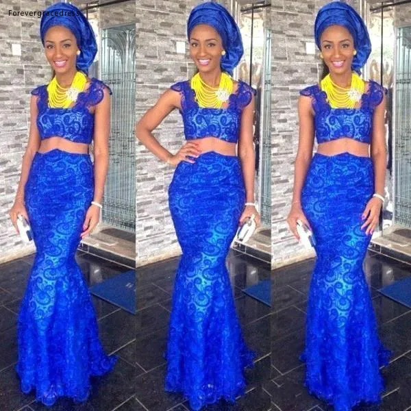 2018 African Traditional Evening Gowns Sexy Royal Blue Mermaid Two Pieces Lace Prom Dresses Evening Wear BO9116  118