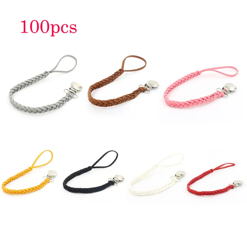 

100pcs New Leather Pacifier Clips Chain Dummy Clip Pacifier Holder Braided Binky Clip Soother Chain For Infant Baby Feeding