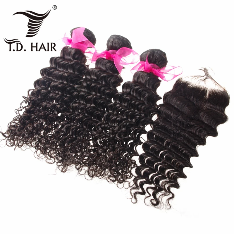 

Brazilian Remy Deep Wave Hair Bundles with Lace Closure 10-20 inch Free/Three/Middle Part 3 Bundles with Closure