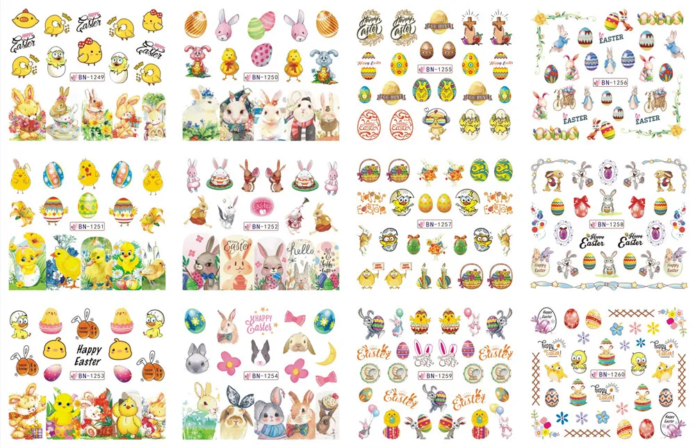 

12 Designs/Sheet Easter Egg Rabbit Colorful Sticker Nail Art Water Transfer Tattoos DIY Nail Sticker Mixed Decals BN1249-1260