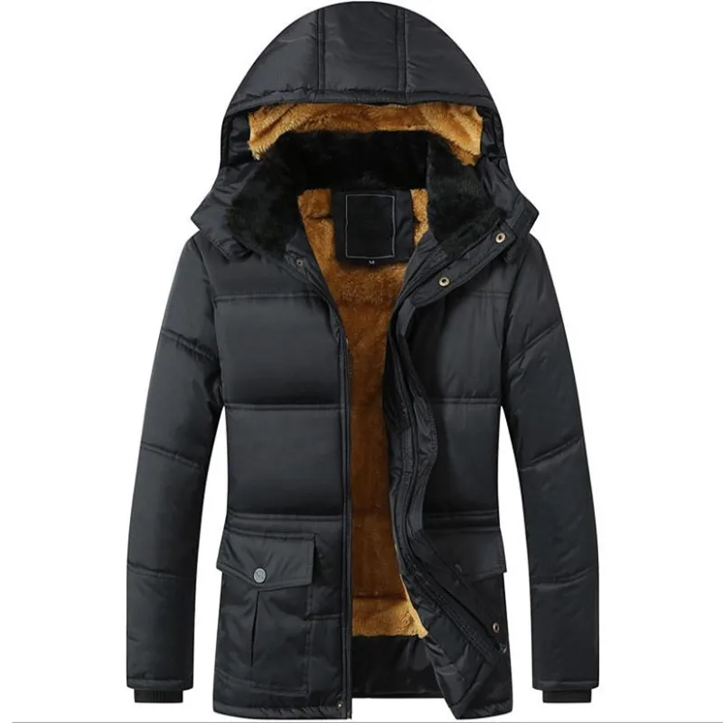 

2017 winter new men's jacket thickening plus velvet middle-aged black hooded Down jacket coat Overcoat Free Shipping