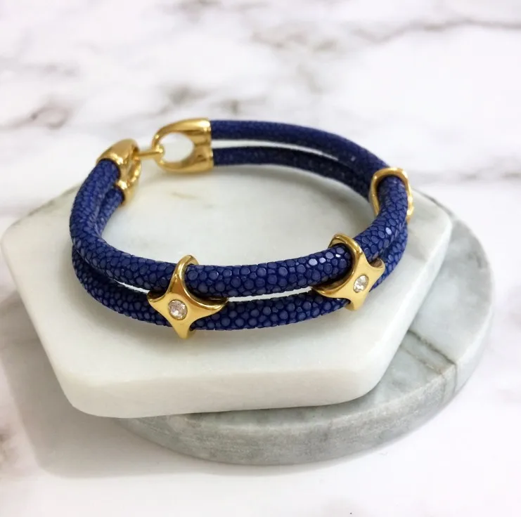 Высококачественный подлинный двойной браслет ската кожаный браслет ската для мужчин роскошный браслет ската ювелирные изделия BL-0299 - Окраска металла: blue gold