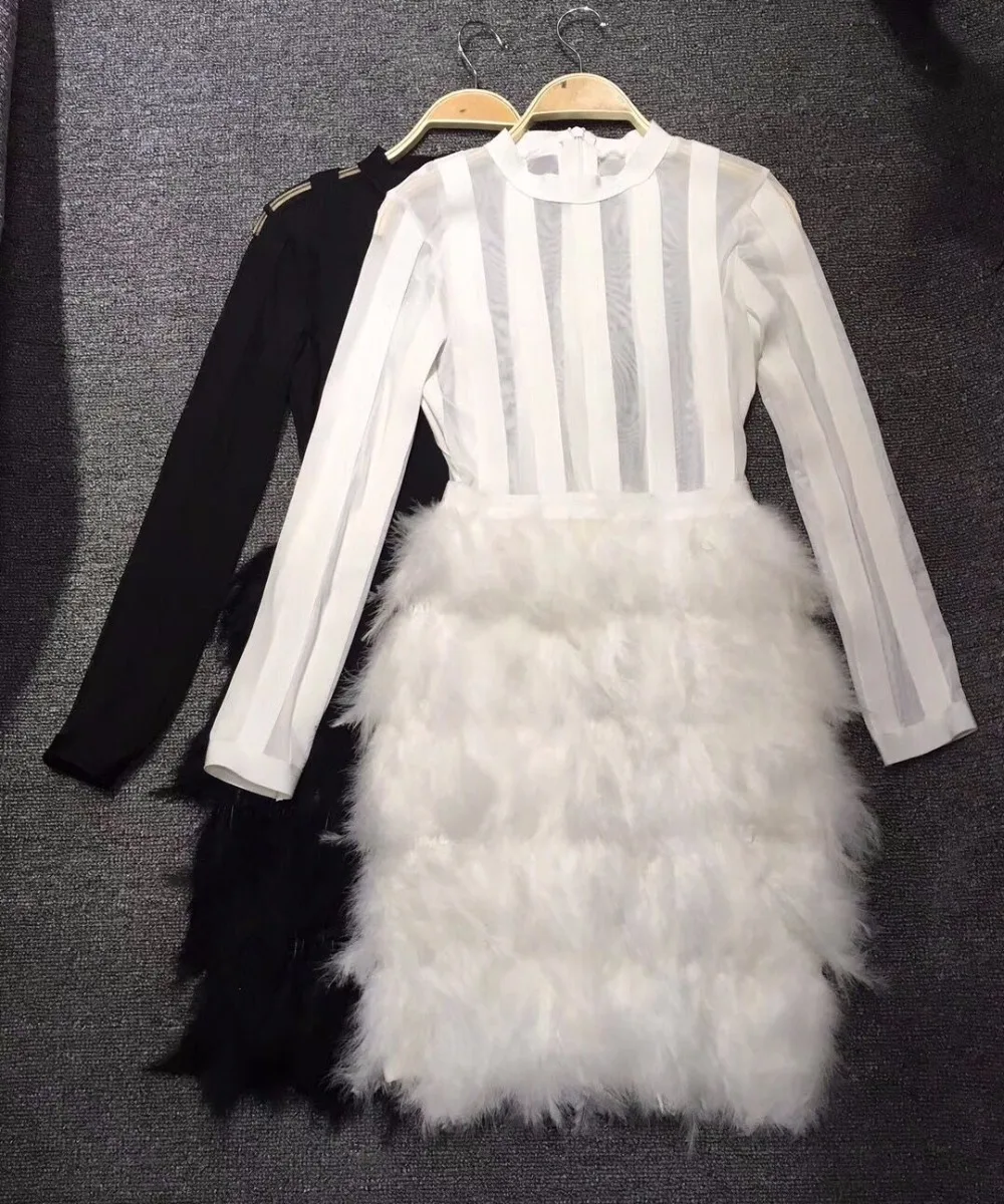 white bodycon dress long sleeve with feathers