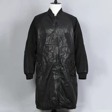 Модное Длинное Мужское пальто из натуральной овечьей кожи с вымытыми рукавами и стоячим воротником из натуральной кожи