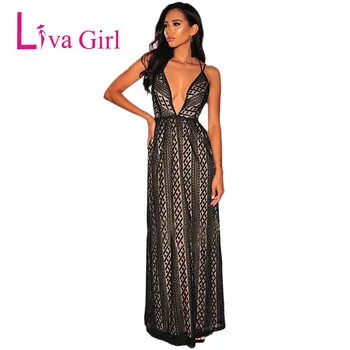 

LIVA GIRL Nude Illusion Lace Backless Evening Party Maxi Dress Women Sexy Deep V Neck Dresses Elegant Mujer Vestidos Longue Robe