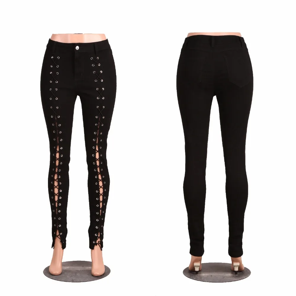 Large Size Wash Denim Black Lace up Front Sculpt Jeans S-3XL New Fashion Women Pencil Pants Butt Li