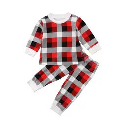 Для новорожденных детская одежда с длинными рукавами красный решетки футболка Комплект одежды со штанами для малышей 2 шт. костюмы одежда