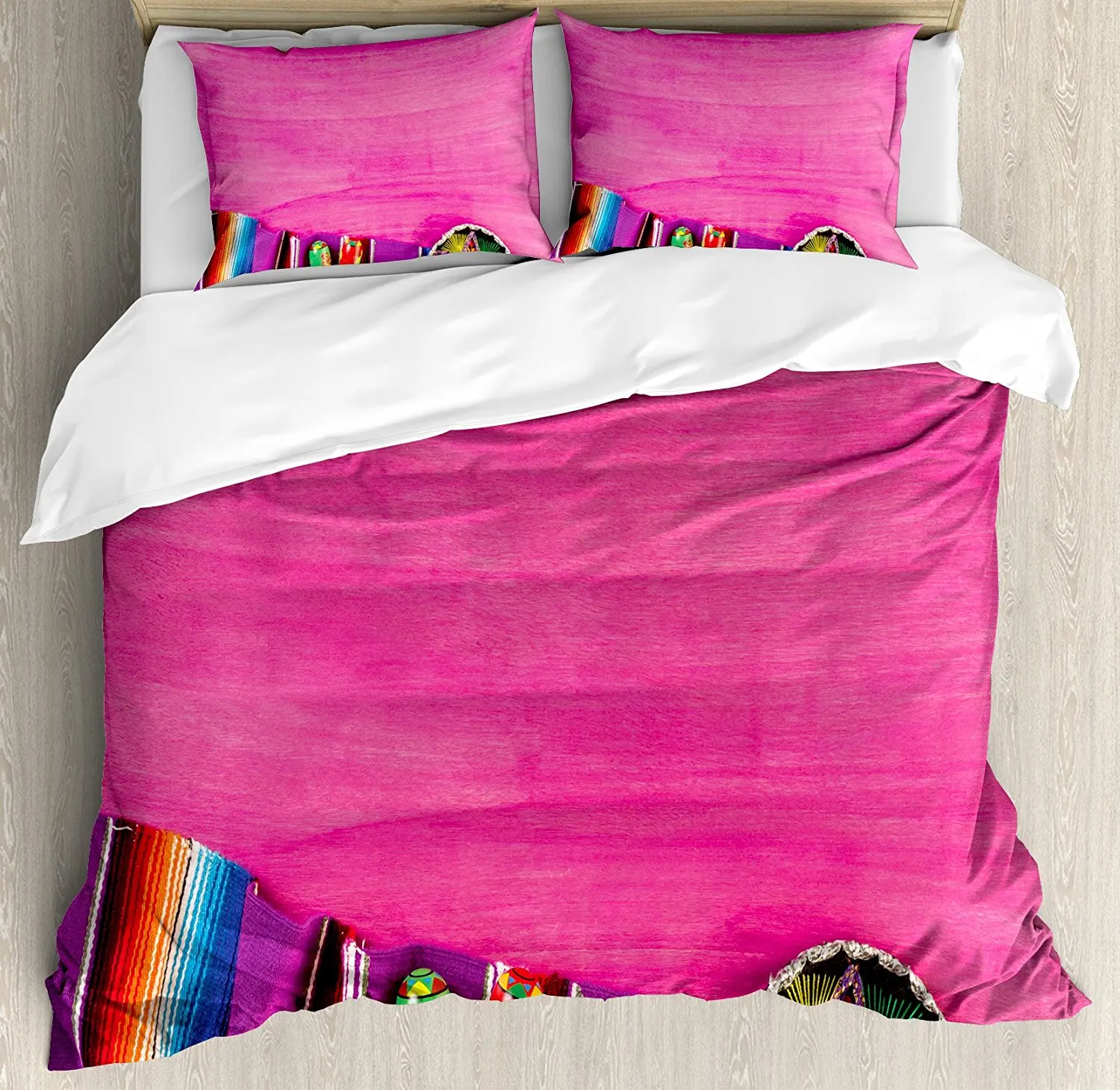 Mexican Decorations Duvet Cover Set, View of Folkloric Serape Blanket Charro Hat and Music