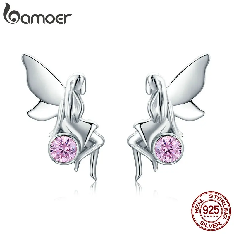 BAMOER New Trendy 100% 925 Sterling Silver Flower Fairy Pink CZ Stud Earrings for Women Sterling Silver Jewelry Gift SCE395 BAMOER New Trendy 100% 925 Sterling Silver Flower Fairy Pink CZ Stud Earrings for Women Sterling Silver Jewelry Gift SCE395
