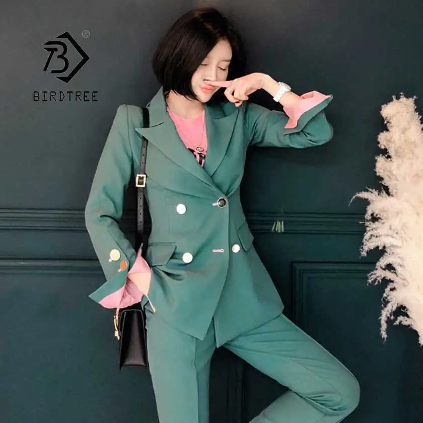 

2019 Fashion Women's Pant Suit Double Breasted Notched Blazer Jacket High Waist Pant Office Work Two Piece Set Hot Sale S95612Z