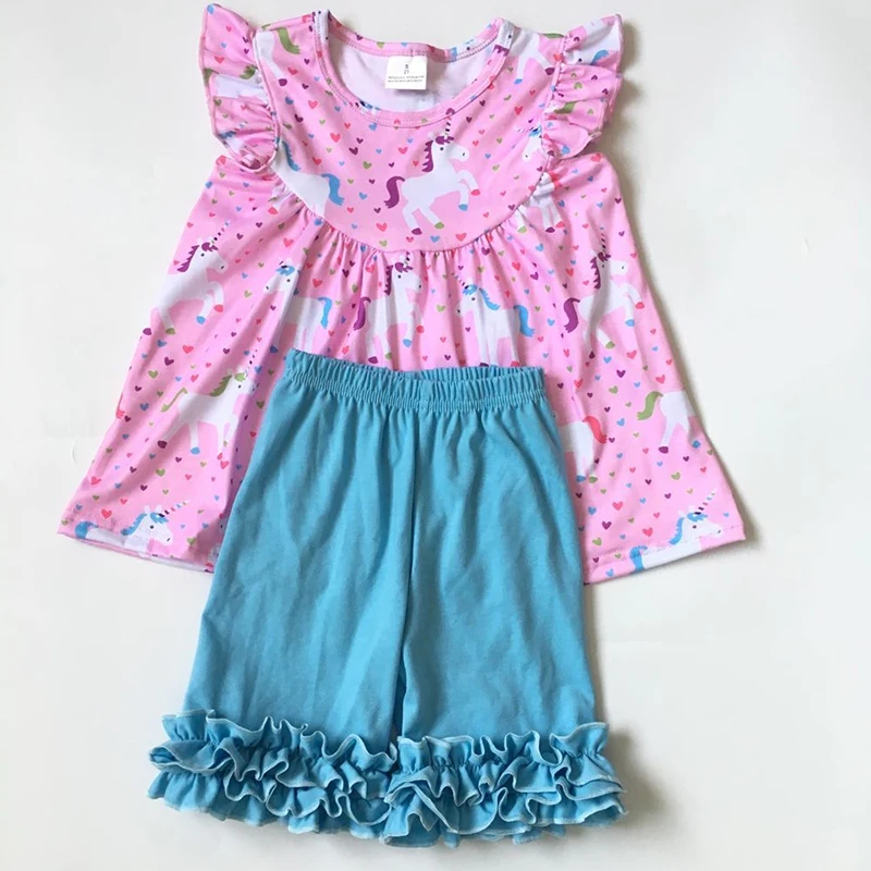 

2019 Summer New Hot Baby Girl Clothes Cute Cartoon Printed Cotton Round Neck Short Sleeve Pants Girl Set