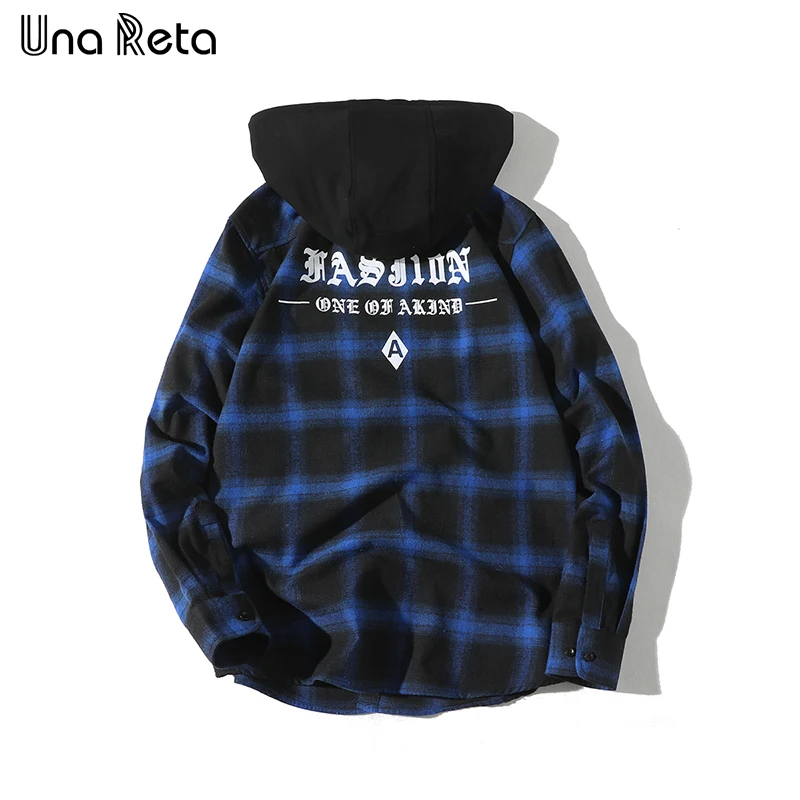 

Una Reta Men'S Shirt 2018 Spring Summer New Brand Hip-Hop Fake Two Hooded Removable Shirt Mens Fashion Casual Lattice Shirts