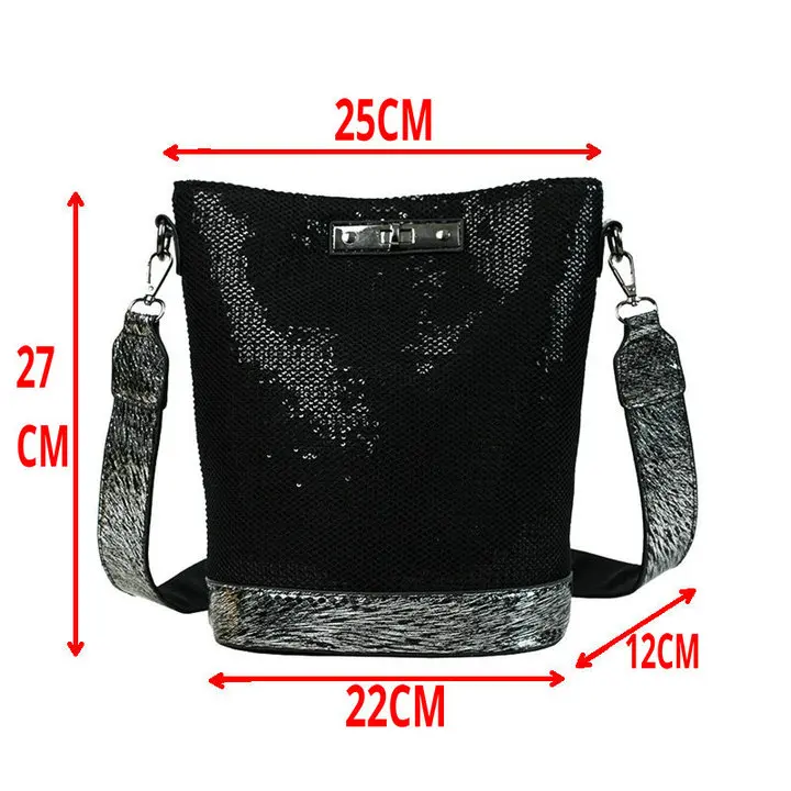 Fashion Luxurious female Korean Sequin Bling Black Bag shoulder Bucket bag Designer Ladies Crossbody Messenger Bags B42-29