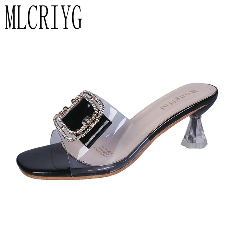 

2019 New Summer Women Elegant Slippers High Heels Bling Crystal Shoes for Woman Sexy Ladies Wild Buckle Casual Flip Flops