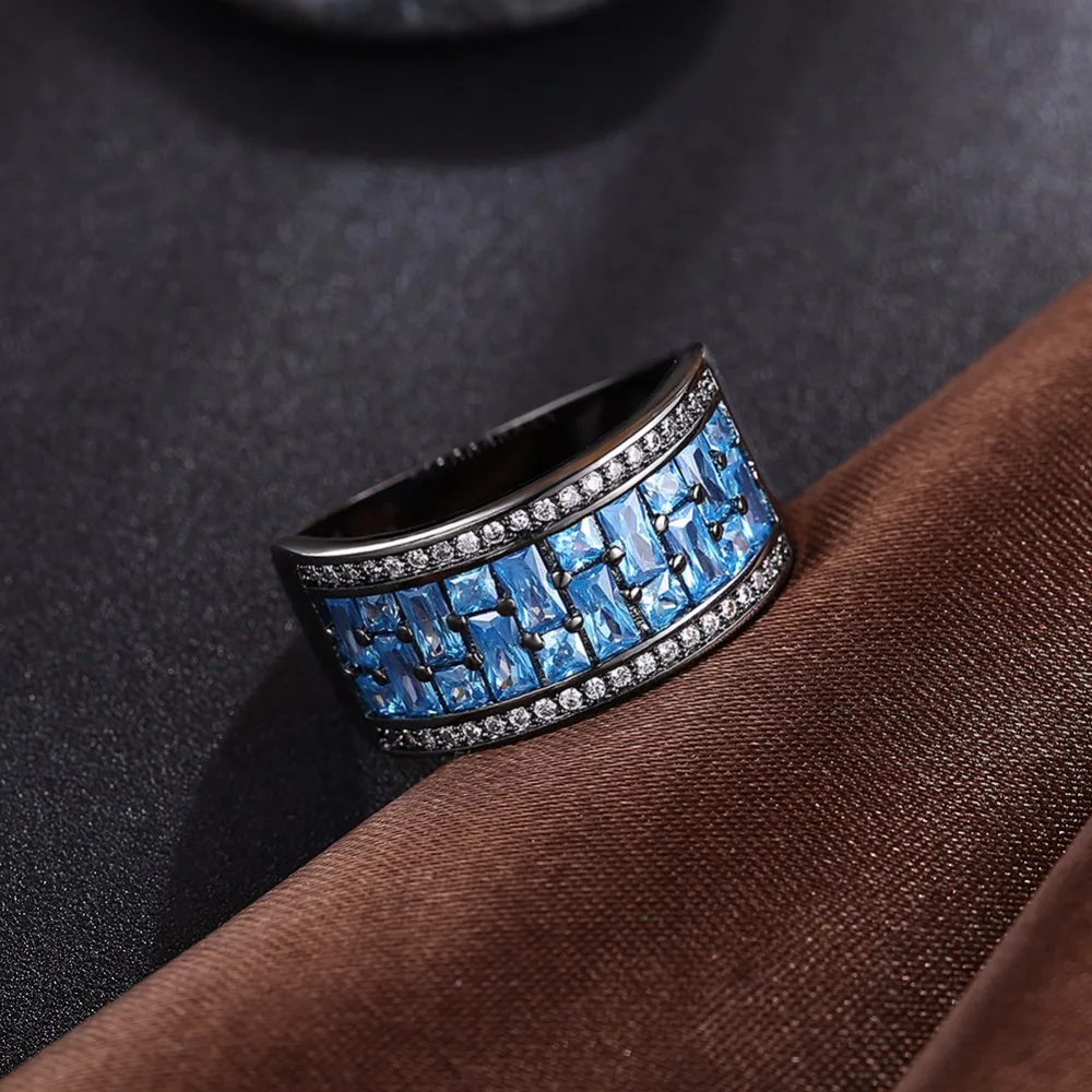 Luxurious Square Blue Cubic Zirconia Party Ring Accessorise Black Gun Color Rings For Womens Fashion Jewelry (JewelOra RI103314)