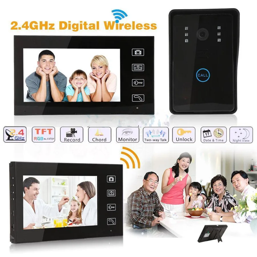 7" video door phone intercom system wireless wifi video doorbell 2 monitor door camera infared ir home apartment video doorphone indoor monitor