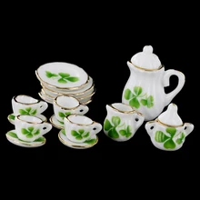 Новинка 1/12, миниатюрная столовая посуда для кукольного домика, фарфоровый чайный сервиз, чашка, блюдо, набор из 15 узоров клевера