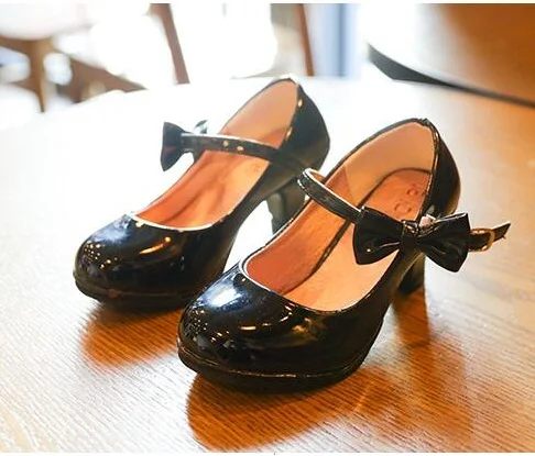 SLYXSH/; обувь из искусственной кожи для девочек; модная обувь для танцев; обувь для детей среднего возраста на высоком каблуке; Детские тонкие туфли принцессы - Цвет: Черный