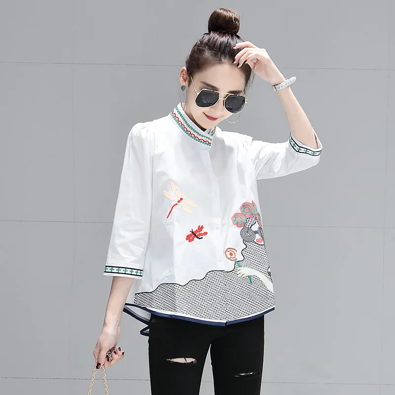  2019 summer new women blouse and white shirts embroidery loose half sleeved lady elegant outwear co