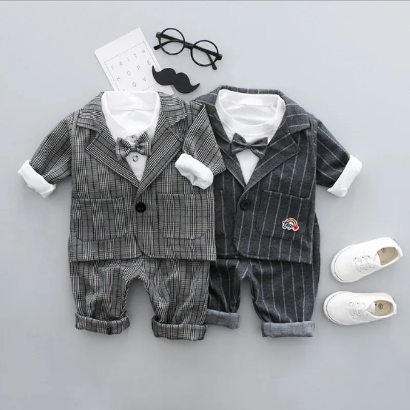 

Baby boy clothes spring boy gentleman suit plaid one button suit + T-shirt + pants three-piece suit for 0-3 years old gift for c