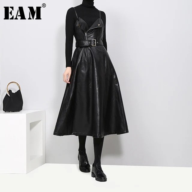 US $26.98 [EAM] 2020 New Spring Autumn Solid Color Strapless Black PU Leather High Waist Belt Zipper Loose Dr