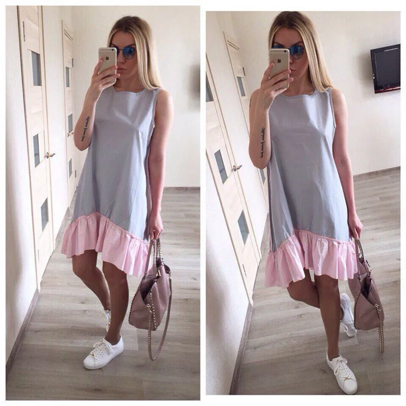 

Fashion Summer Women Dress Sleeveless O-Neck Loose Dresses Casual Patchwork Dresses Female Ruffled Fishtail Dress Femme Vestido
