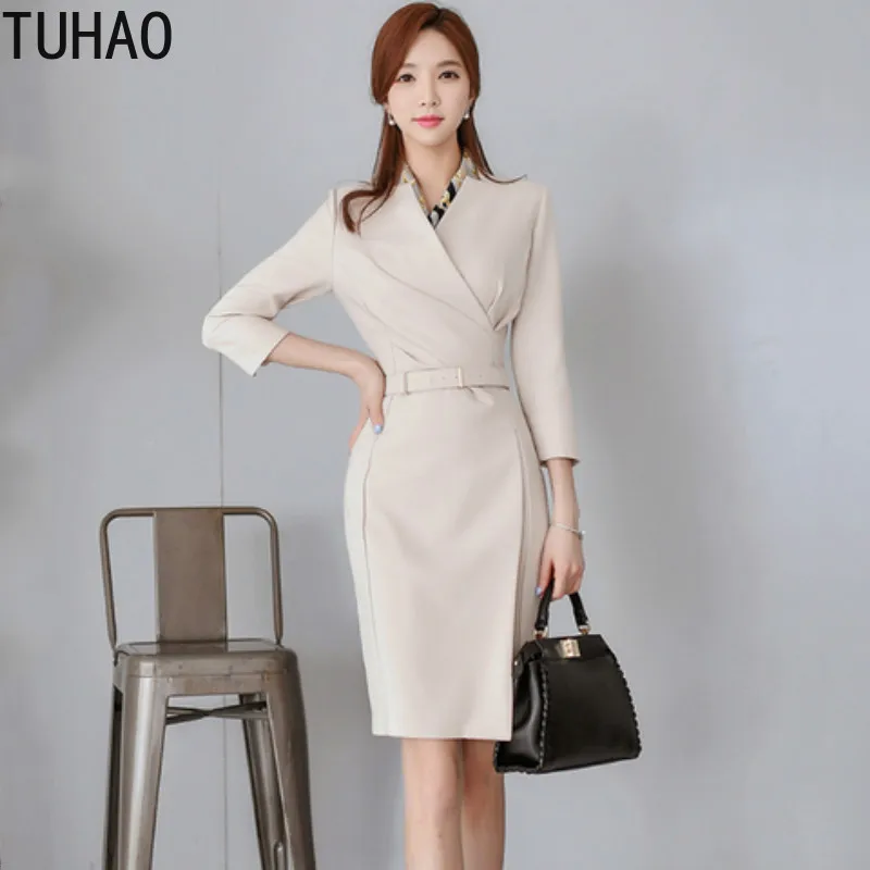 

Notched Neck Formal Suits Dress Woman Fall Pencil Bodycon Dresses With Sashes Belt Work Business Office Lady Vestidos T7937