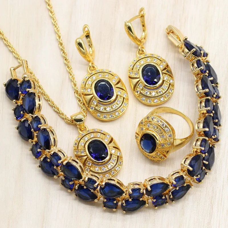 

Gold Color Women Jewelry Sets Blue Semi-precious Bracelet Drop Earrings Pendant Necklace Wedding Ring Set