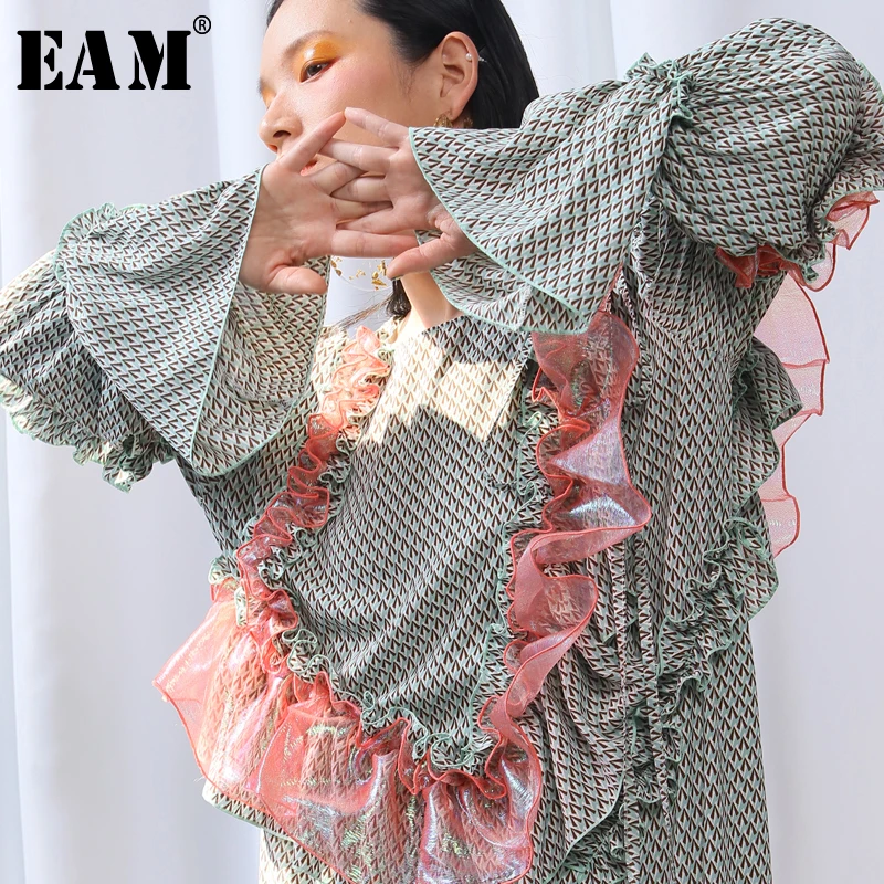 

[EAM] 2019 New Autumn Winter Round Neck Long Sleeve Green Pattern Printed Ruffles Split Joint Big Size Dress Women Fashion JU529