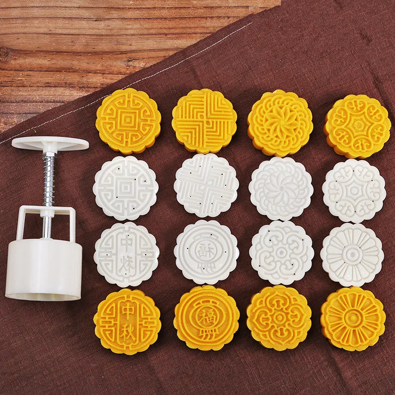 

Round 75g Plastic Moon Cake Mold Set Cheap Cookie Making Tools DIY Bath Bomb Mold Set With 8 Mooncake Stamps Form White Color