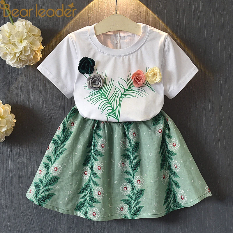 

Bear Leader Girls Clothing Sets 2018 Girls Summer Sweet Three-dimensional Rose Short Sleeve T-Shirt + Skirt Set For 3-7 Years