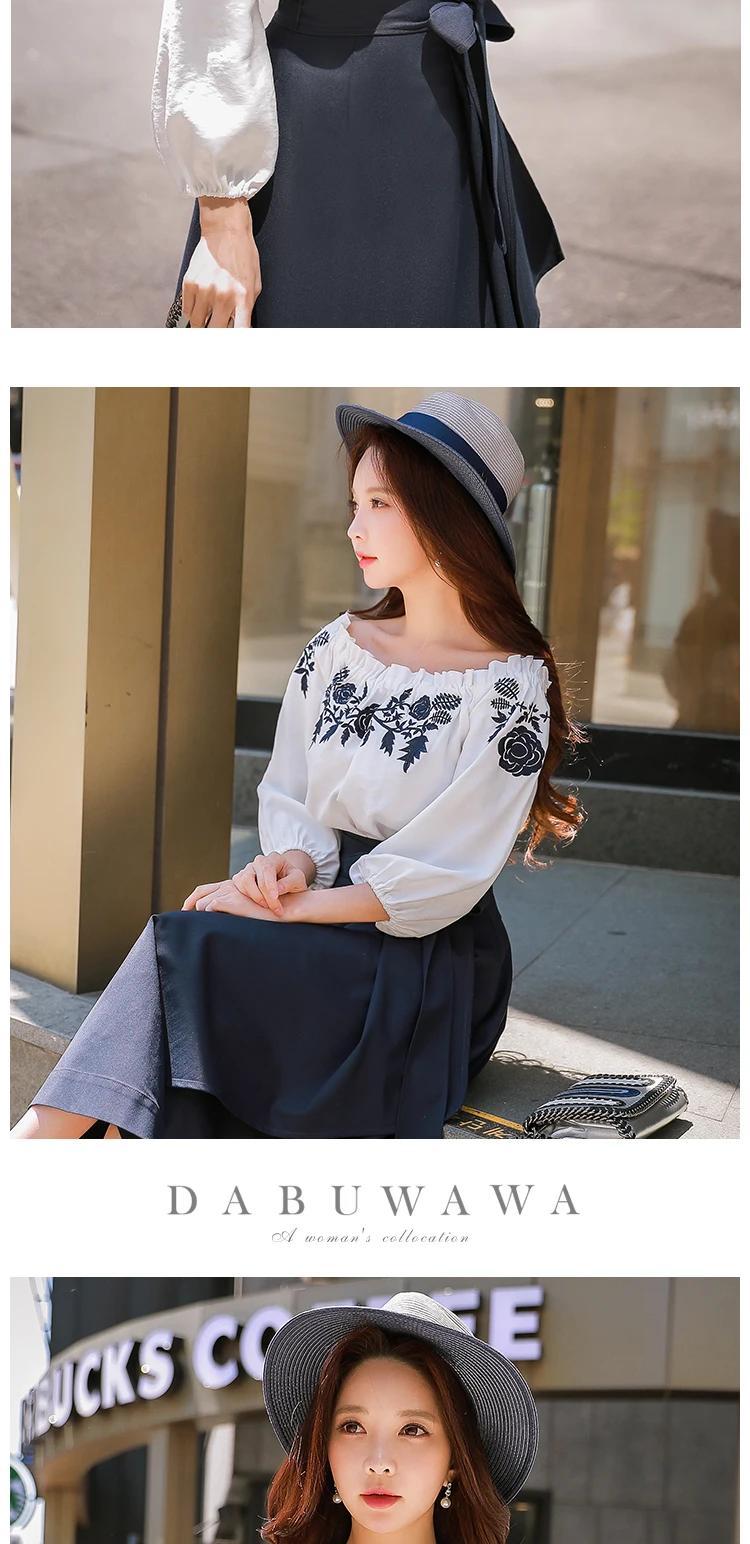 Dabuwawa New Women Ladeis Floral Embroidery Puff Sleeve Shirts Office Lady Loose Casual White Blouse Tops D18CST058