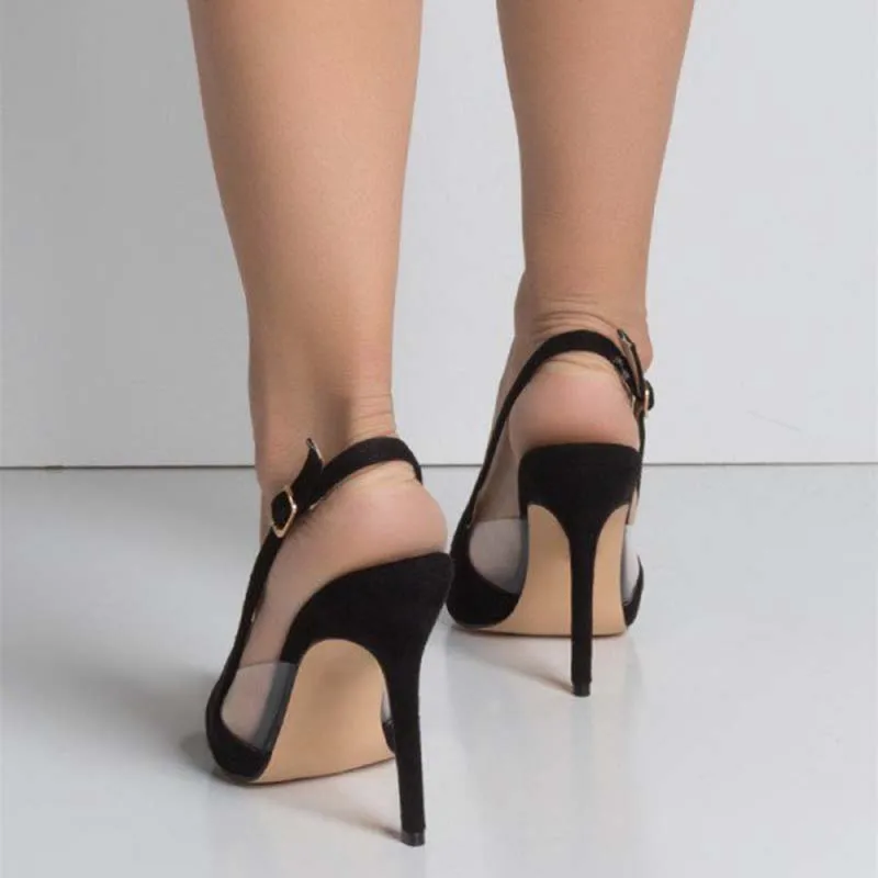Черные туфли-лодочки на прозрачном каблуке с ремешком на пятке с острым носком; женские туфли на шпильке; Привлекательные, непревзойденные модные туфли; FSJ