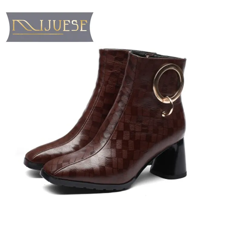 

MLJUESE 2019 women ankle boots cow leather zippers checkered winter warm female boots high heels women martin boots size 33-43