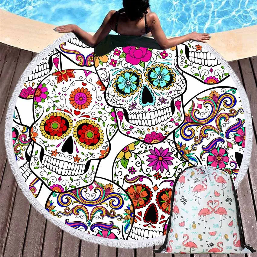 

Cool Skull Round Summer Beach Towels Seaside Shower Swimming Bath Towels Blanket With Drawstring Backpack Bag Blanket Yoga Mat
