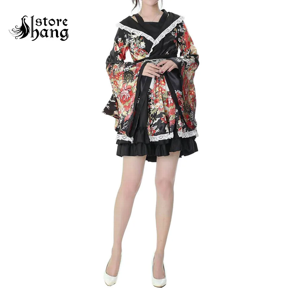 Lolita GokuRakuJoudo Sakura Kimono Maid Dress Uniform Outfit Cosplay Costumes