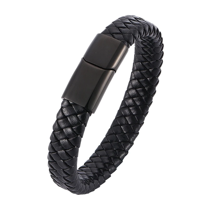 

Classic Men Jewelry Black Braided Leather Bracelet Men Stainless Steel Magnetic Clasp Male Wrist Band Fashion Man Bangles SP0025