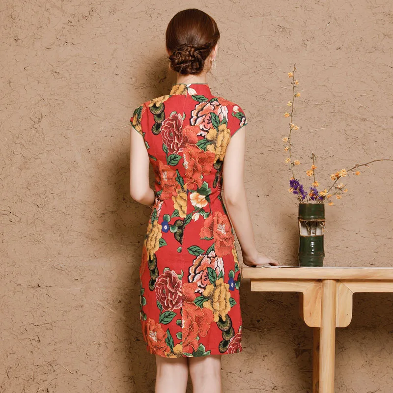 China Dresses Qipao Cheongsam Cotton Linen Mujer Vestidos Plus Size for Women Short 3XL 4XL 5XL Summer