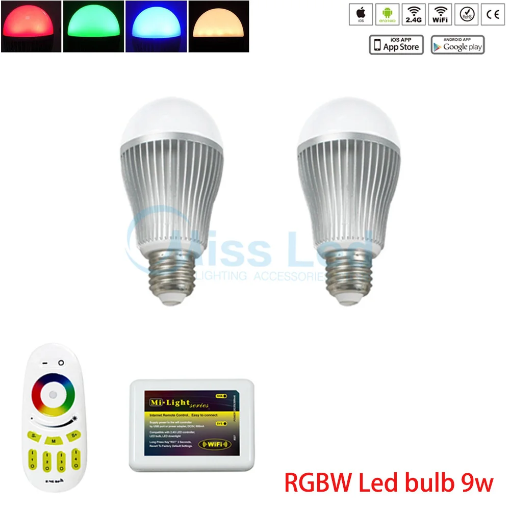 

2pcs 9W Wifi LED Bulb E27 RGB Warm/Cold White + 4-zone Wireless Touch screen Remote + Mi light Wifi controller via Phone App