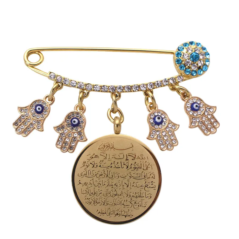 

ZKD AYATUL KURSI Allah Turkish evil eye hamsa hand of fatima Stainless Steel brooch muslim islam Baby Pin